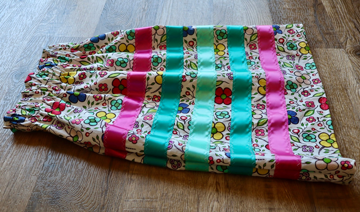 Handmade Ribbon Skirt, Child Size 4-6 Turquoise Pink Ombre Ivory Multi Coloured Floral Print Premium Cotton, OOAK Indigenous Made Clothing