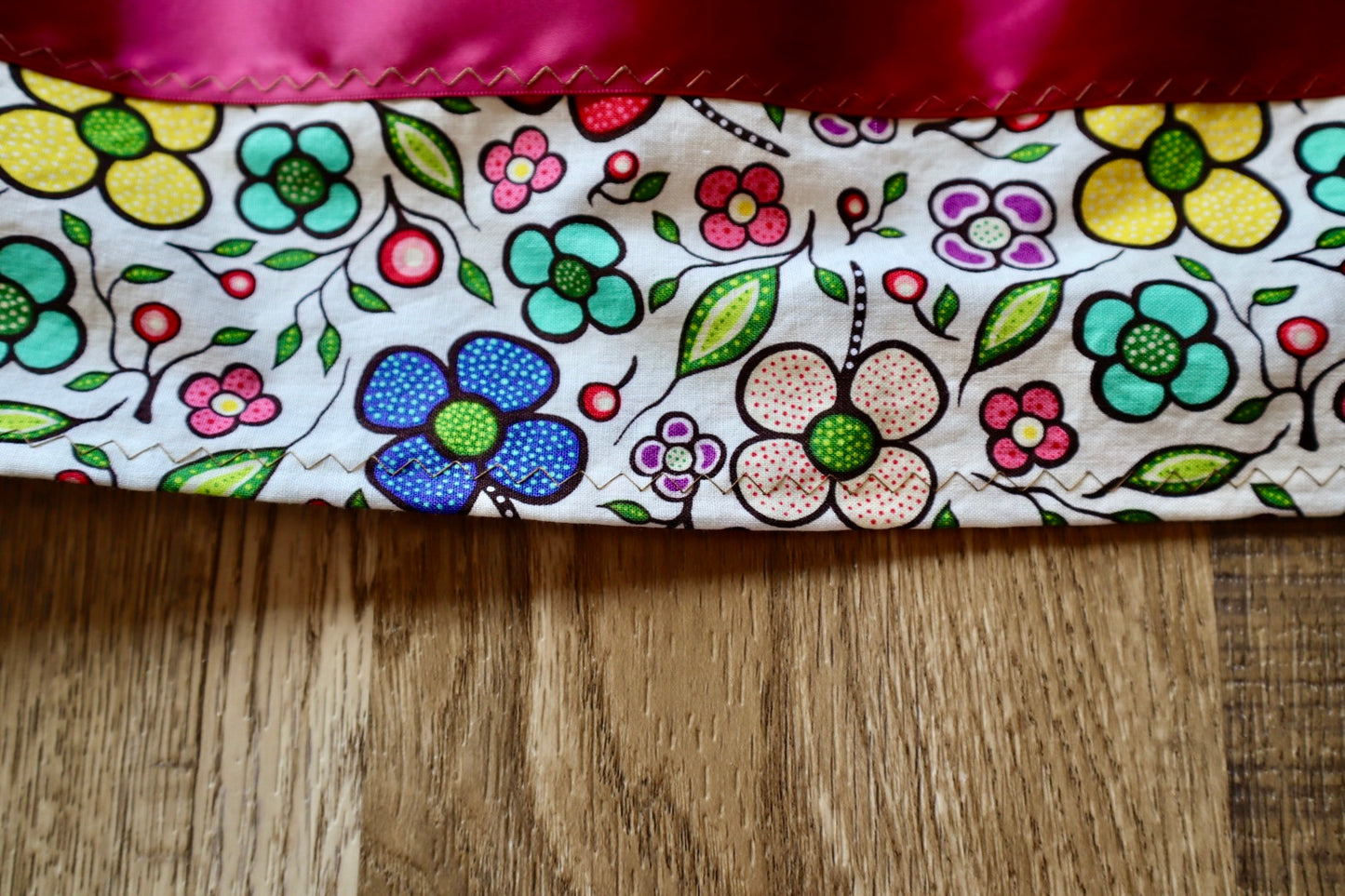 Handmade Ribbon Skirt, Child Size 7-9 Ivory Rose Green Floral Print Premium Cotton, OOAK Indigenous Made Clothing