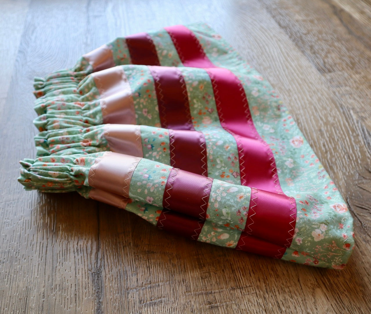 Handmade Infant Ribbon Skirt, Size 9M-18M Pink Ombre Sage Green Floral Print Premium Cotton, OOAK Indigenous Made Clothing