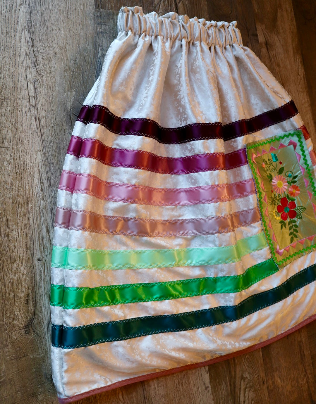 Couture Satin Floral Embroidered Ribbon Skirt Womens White Ivory Fully Lined Pink Green Ombre OOAK Indigenous HandMade Clothing Custom Waist *up to 50 inches* (enter desired waist size “inches” or Dress/Pants size in order notes)