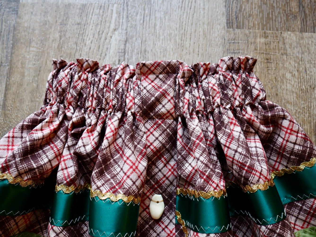 Couture Ribbon Skirt: Brown and Red Plaid Cotton with Faux Elk Teeth “Buttons”*up to 50 inches* (enter desired waist size “inches” or Dress/Pants size in order notes)