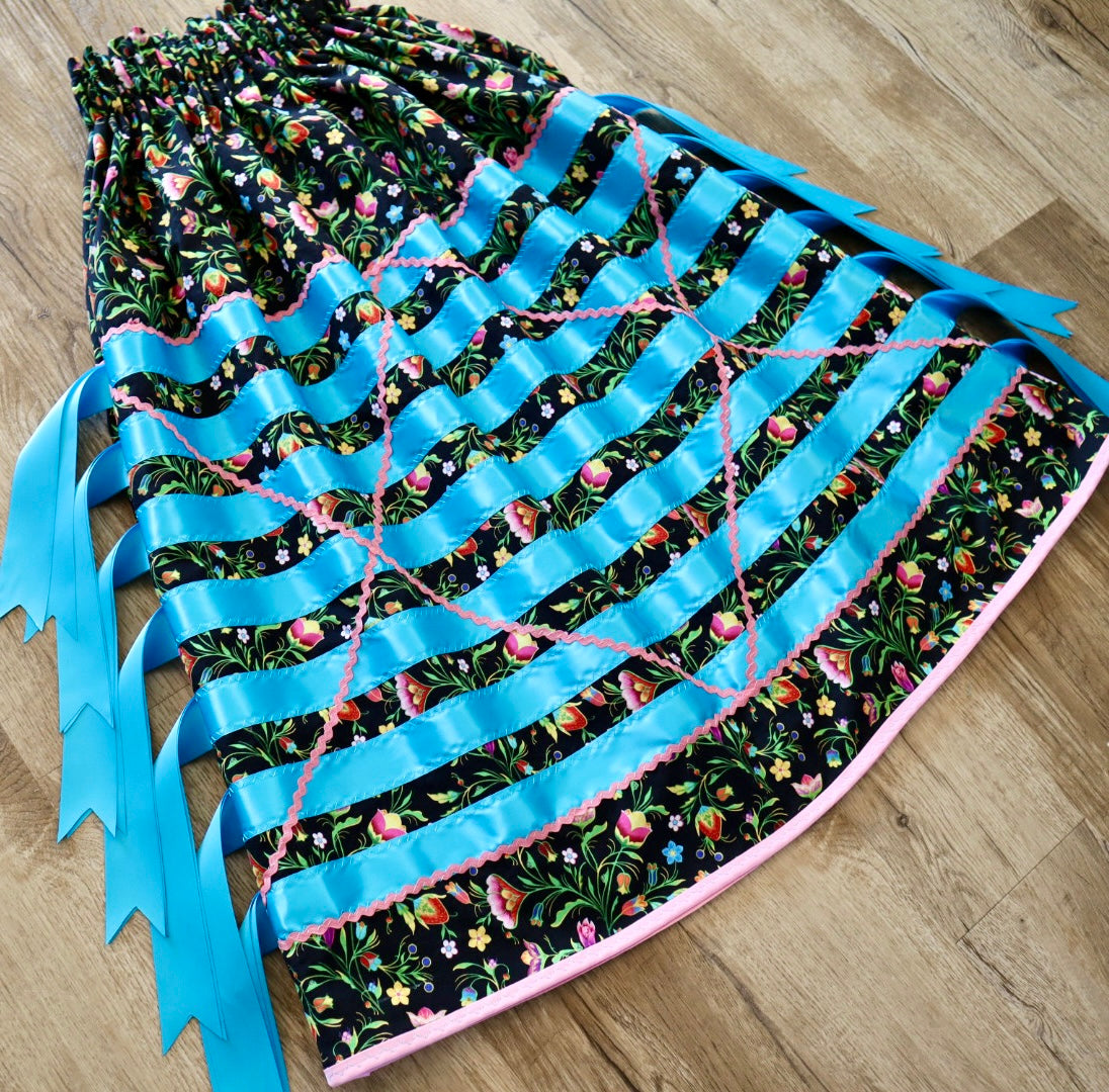 Couture Ribbon Pocket Womens Side Fringe Gold RicRac Black Strawberry Floral Print Premium Cotton Turquoise Pink OOAK Indigenous HandMade *up to 50 inches* (enter desired waist size “inches” or Dress/Pants size in order notes)