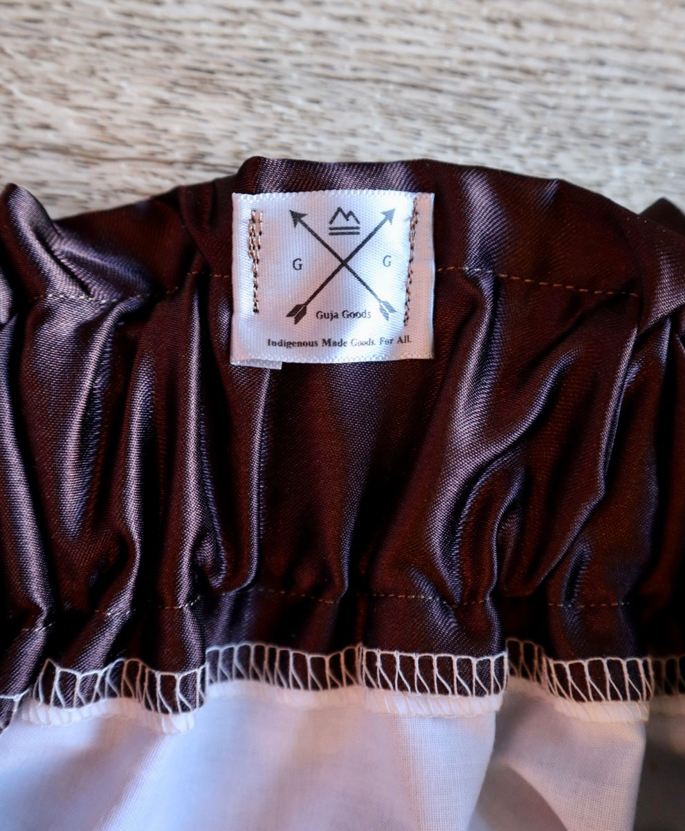 Couture Satin Ribbon Skirt: Dark Chocolate, Earth Tones with Faux Elk Teeth *up to 50 inches* (enter desired waist size “inches” or Dress/Pants size in order notes)