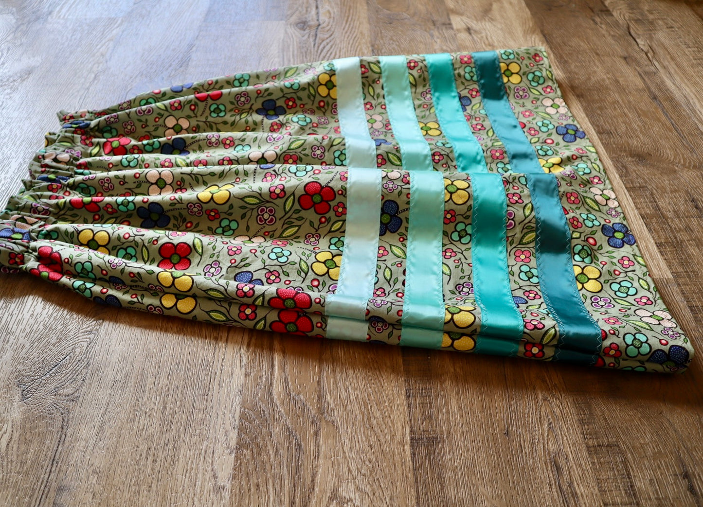 Handmade Ribbon Skirt, Youth Size 8-10 Sage Green Floral Print Premium Cotton, Turquoise Ombre OOAK Indigenous Made Clothing