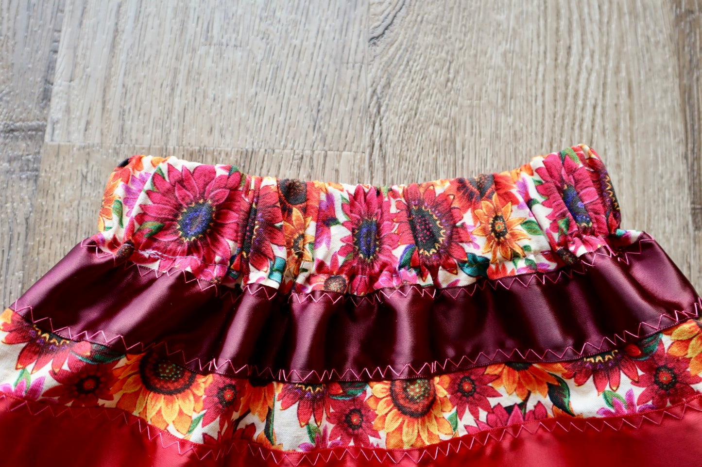 Handmade Infant/Toddler Ribbon Skirt, 6M- 12M Red Sunflower Floral Print Premium Cotton, OOAK Indigenous Made Clothing