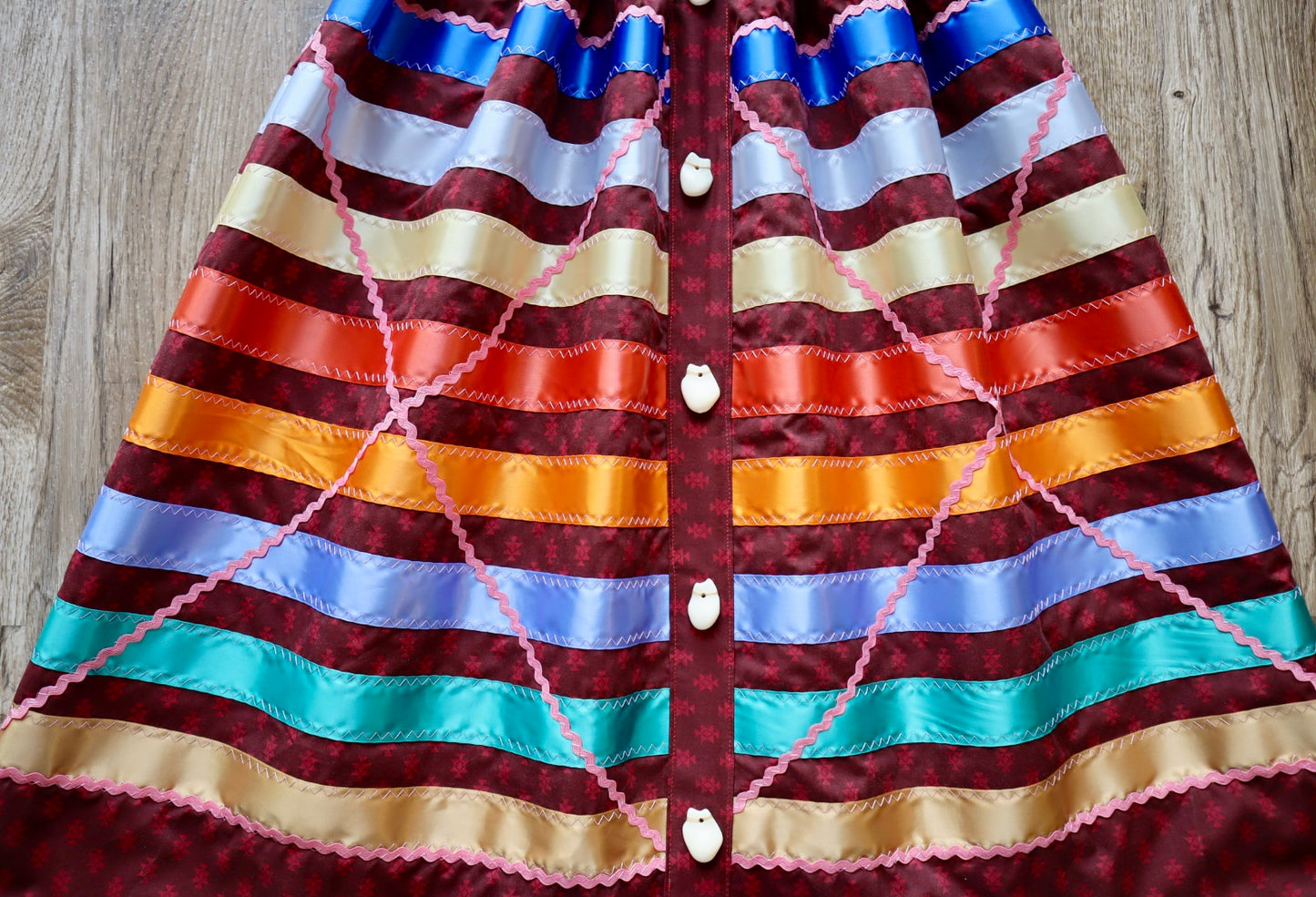 Couture Ribbon Skirt Button Down Pocket Womens Peach RicRac Maroon Geometric Print Cotton Faux Elk Teeth Miscellaneous OOAK Indigenous *up to 50 inches* (enter desired waist size “inches” or Dress/Pants size in order notes)
