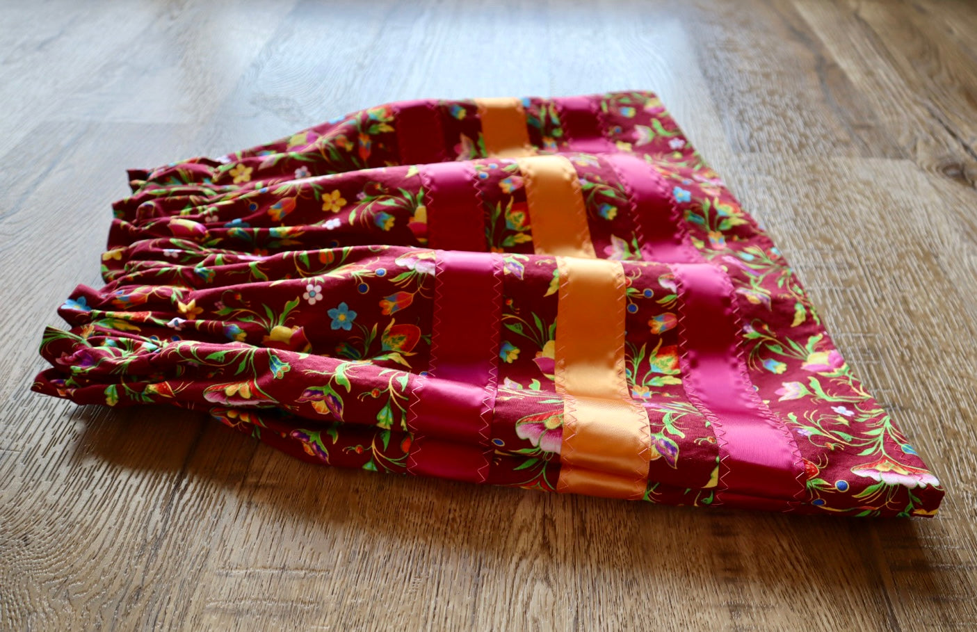 Handmade Ribbon Skirt: Child Size 2-4 Maroon Floral Cotton