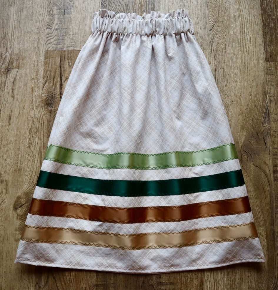 Handmade Ribbon Skirt, Youth Size 7-9 Ivory Plaid Print Premium Cotton OOAK Indigenous Made Clothing