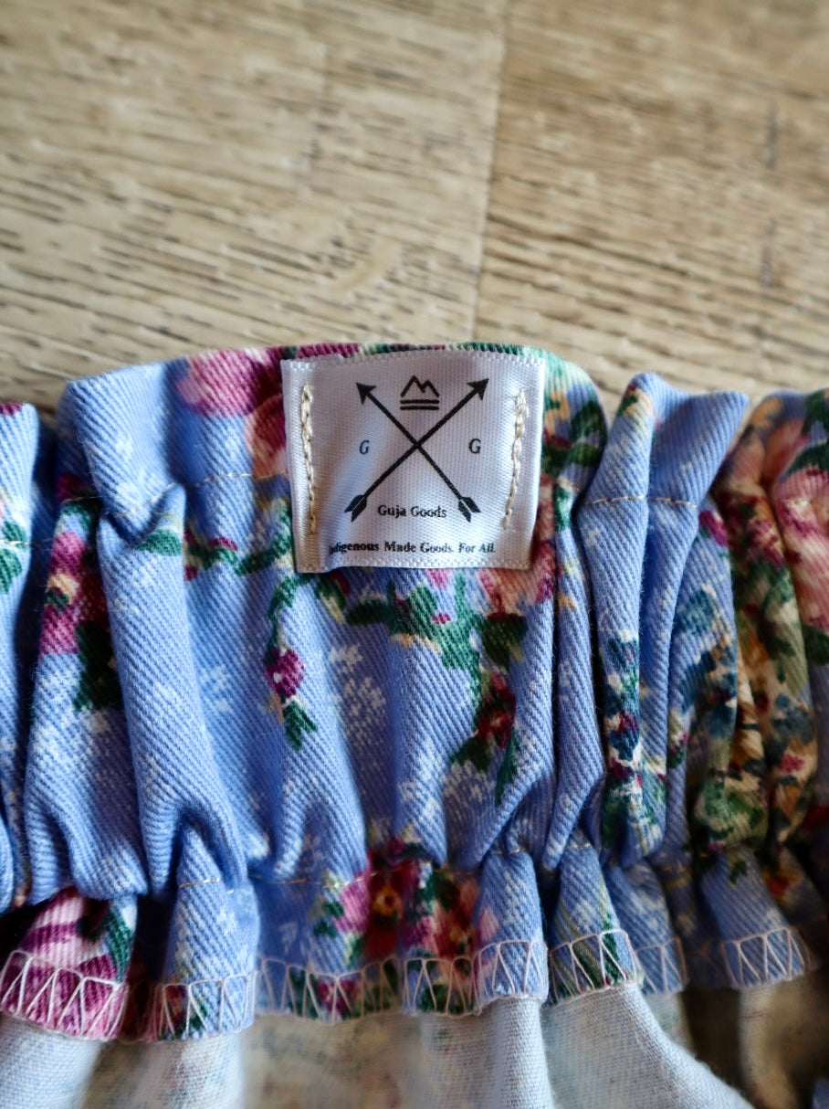 Handmade Ceremony, Casual Ribbon Skirt: Earth Tones, Blue Floral Print, Custom Waist *up to 50 inches* (enter desired sizes waist size “inches” or Dress/Pants size in order notes)