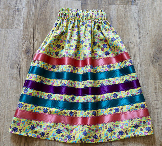 Handmade Ribbon Skirt, Child Size 8-12 Pink Emerald Plum Yellow Sunshine Floral Print Premium Cotton, OOAK Indigenous Made Clothing