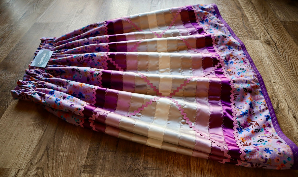 Couture Stacked Ribbon Skirt Pockets Womens Purple Floral Print Silver Ombre Ric Rac OOAK Indigenous HandMade *up to 50 inches* (enter desired sizes waist size “inches” or Dress/Pants size in order notes)
