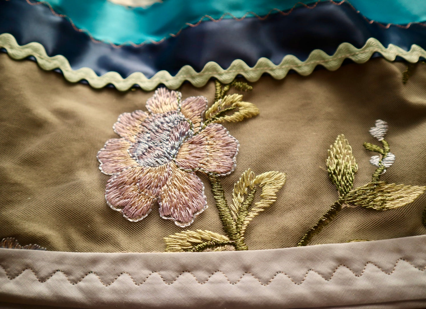 Couture Stacked Ribbon Skirt Pockets Womens Sage Green Floral Lace Blue Pink Tone Ombre RicRac Cotton OOAK Indigenous HandMade *up to 50 inches* (enter desired sizes waist size “inches” or Dress/Pants size in order notes)