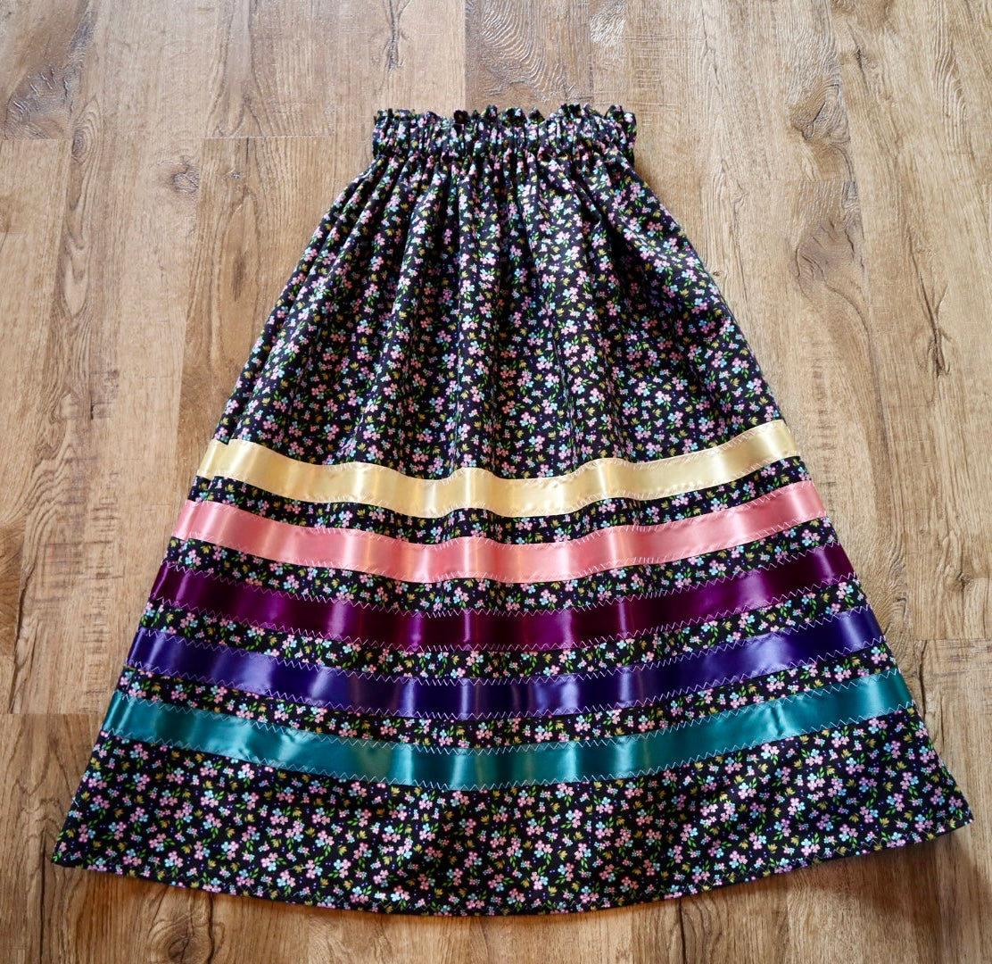 Handmade Ceremony, Casual Ribbon Skirt: Gem Tones, Black Floral Print, Custom Waist *up to 50 inches* (enter desired sizes waist size “inches” or Dress/Pants size in order notes)