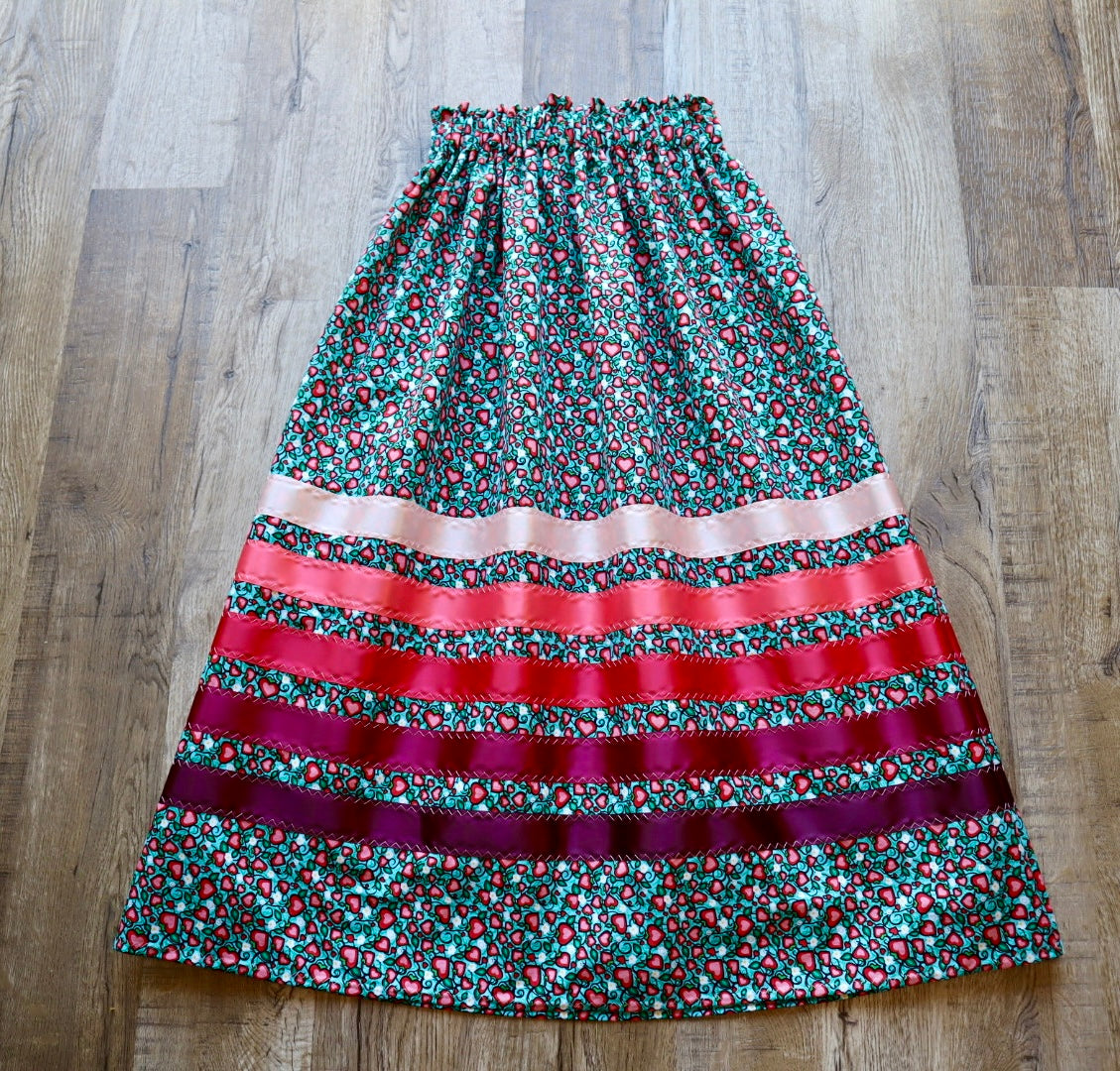 Handmade Ceremony, Casual Ribbon Skirt: Maroon to Ivory Ombre, Heart Berry Indigenous Floral Print, Custom Waist *up to 50 inches* (enter desired sizes waist size “inches” or Dress/Pants size in order notes)