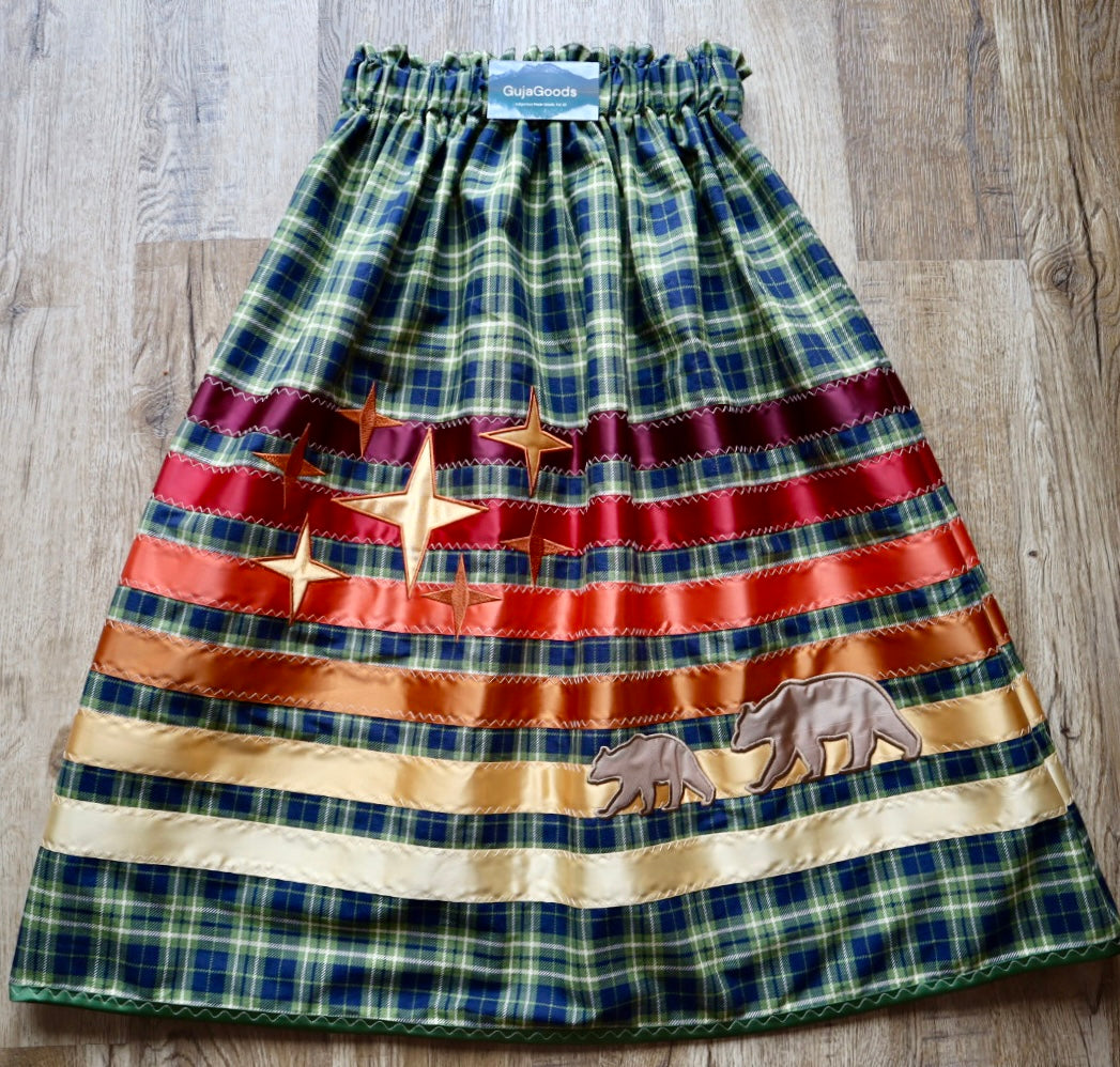 Couture Embroidered Star & Bears Ribbon Skirt Pockets Womens Dusty Rose Floral Cotton Bronze Tones Ombre OOAK Indigenous HandMade *up to 50-53 inches* (enter desired sizes waist size “inches” or Dress/Pants size in order notes)