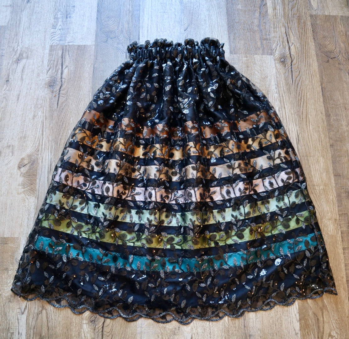 Couture Overlay Ribbon Skirt Women’s Black Embroidered Sequin Lace Satin Gold Emerald Ombre Indigenous HandMade Clothing CustomWaist *up to 50 inches* (enter desired sizes waist size “inches” or Dress/Pants size in order notes)