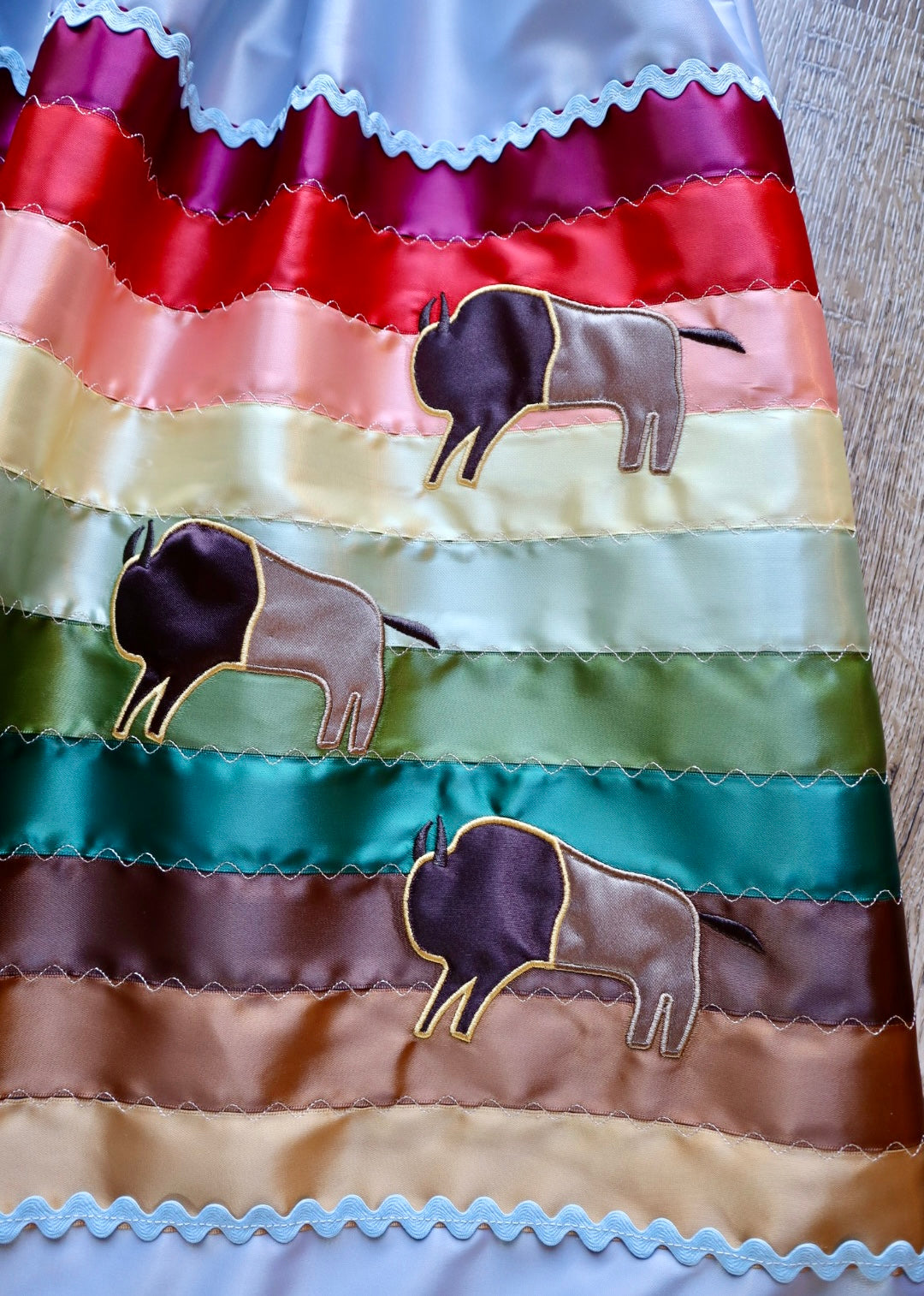 Couture Embroidered Stacked Bison Ribbon Skirt Pockets Womens Pale Blue Satin Earth Tones Ombre OOAK Indigenous HandMade *up to 50 inches* (enter desired sizes waist size “inches” or Dress/Pants size in order notes)