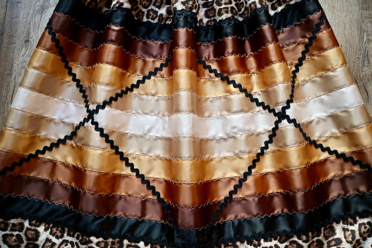 Couture Stacked Ribbon Skirt Pockets Womens Leopard Print Black Gold Ombre Ric Rac OOAK Indigenous HandMade *up to 50 inches* (enter desired sizes waist size “inches” or Dress/Pants size in order notes)
