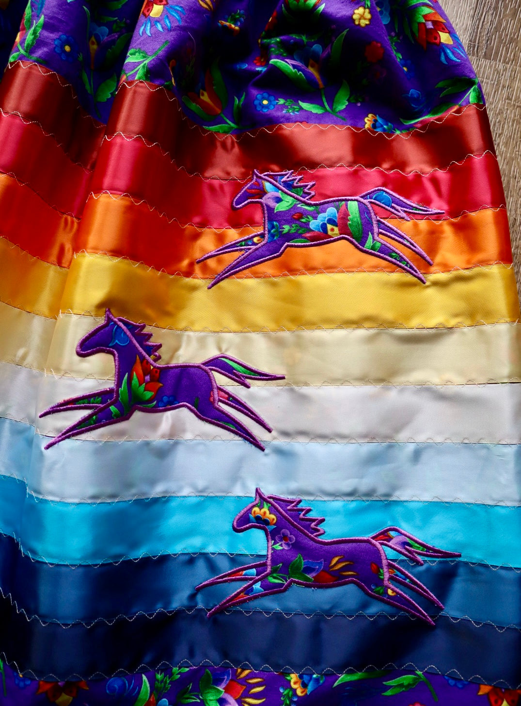 Couture Embroidered Stacked Pony Ribbon Skirt Pockets Womens Purple Floral Cotton Fire Water Ombre OOAK Indigenous HandMade *up to 50-53 inches* (enter desired sizes waist size “inches” or Dress/Pants size in order notes)