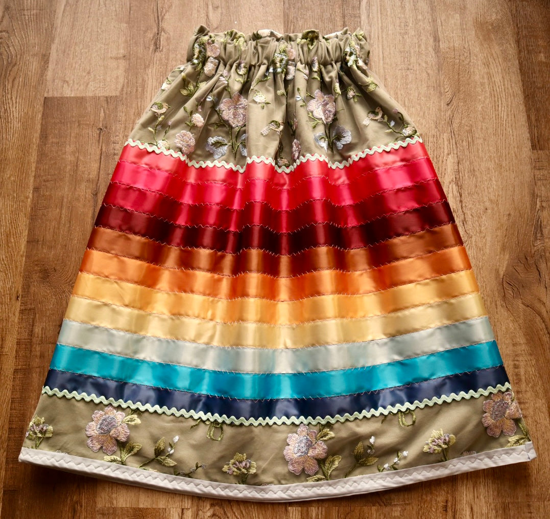 Couture Stacked Ribbon Skirt Pockets Womens Sage Green Floral Lace Blue Pink Tone Ombre RicRac Cotton OOAK Indigenous HandMade *up to 50 inches* (enter desired sizes waist size “inches” or Dress/Pants size in order notes)