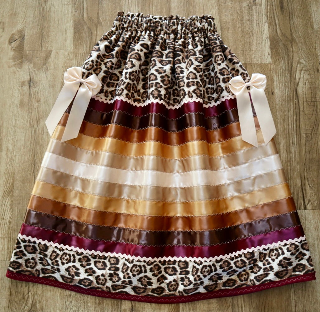 Couture Stacked Ribbon Skirt Pockets Womens Jaguar Print Maroon Gold Ombre RicRac Detachable Bows OOAK Indigenous HandMade *up to 50 inches* (enter desired sizes waist size “inches” or Dress/Pants size in order notes)