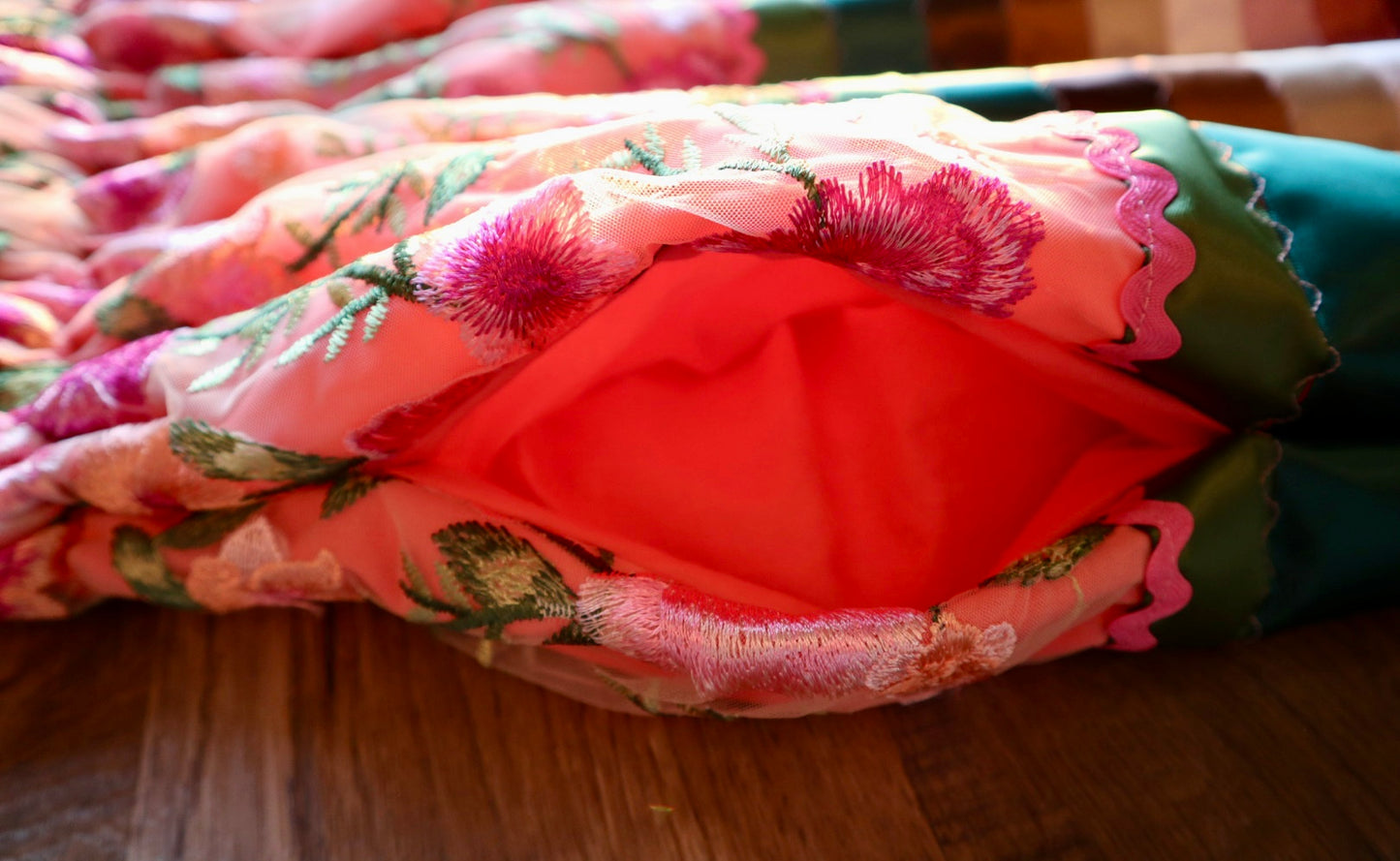 Couture Stacked Ribbon Skirt Pockets Womens Peachy Pink and Nude Lace Earth Tone Ombre RicRac Cotton OOAK Indigenous HandMade *up to 50 inches* (enter desired sizes waist size “inches” or Dress/Pants size in order notes)