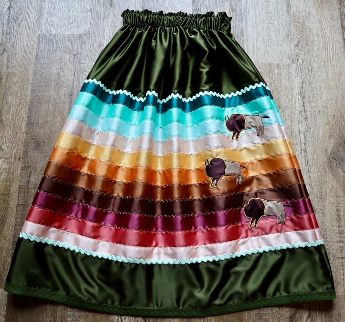Couture Embroidered Stacked Bison Ribbon Skirt Pockets Womens Dark Moss Green Satin Earth Tones Ombre OOAK Indigenous HandMade *up to 50 inches* (enter desired sizes waist size “inches” or Dress/Pants size in order notes)