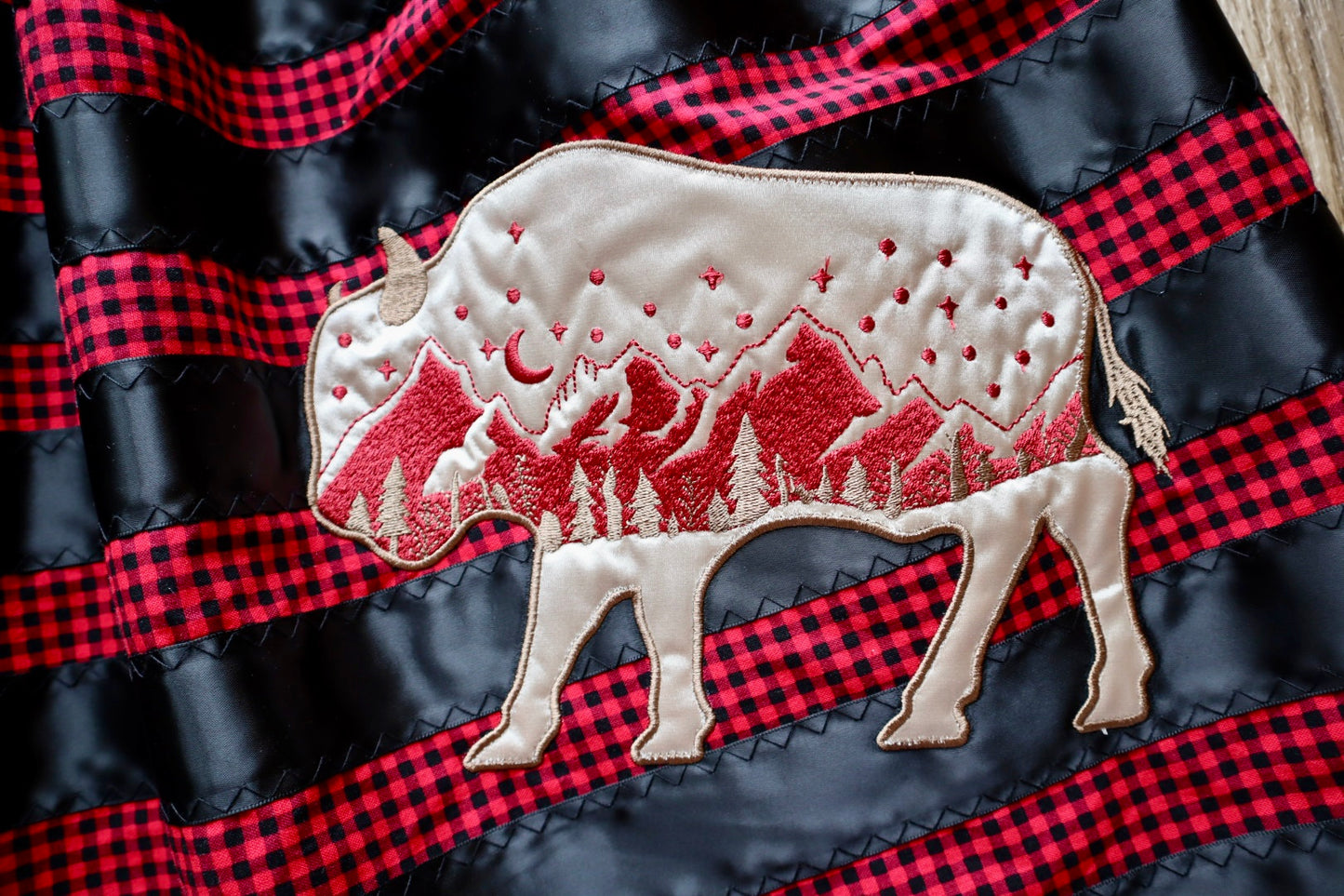 Couture Embroidered Bison Ribbon Skirt Pockets Womens Red Black Gingham Premium Cotton OOAK Indigenous HandMade *up to 50 inches* (enter desired sizes waist size “inches” or Dress/Pants size in order notes)