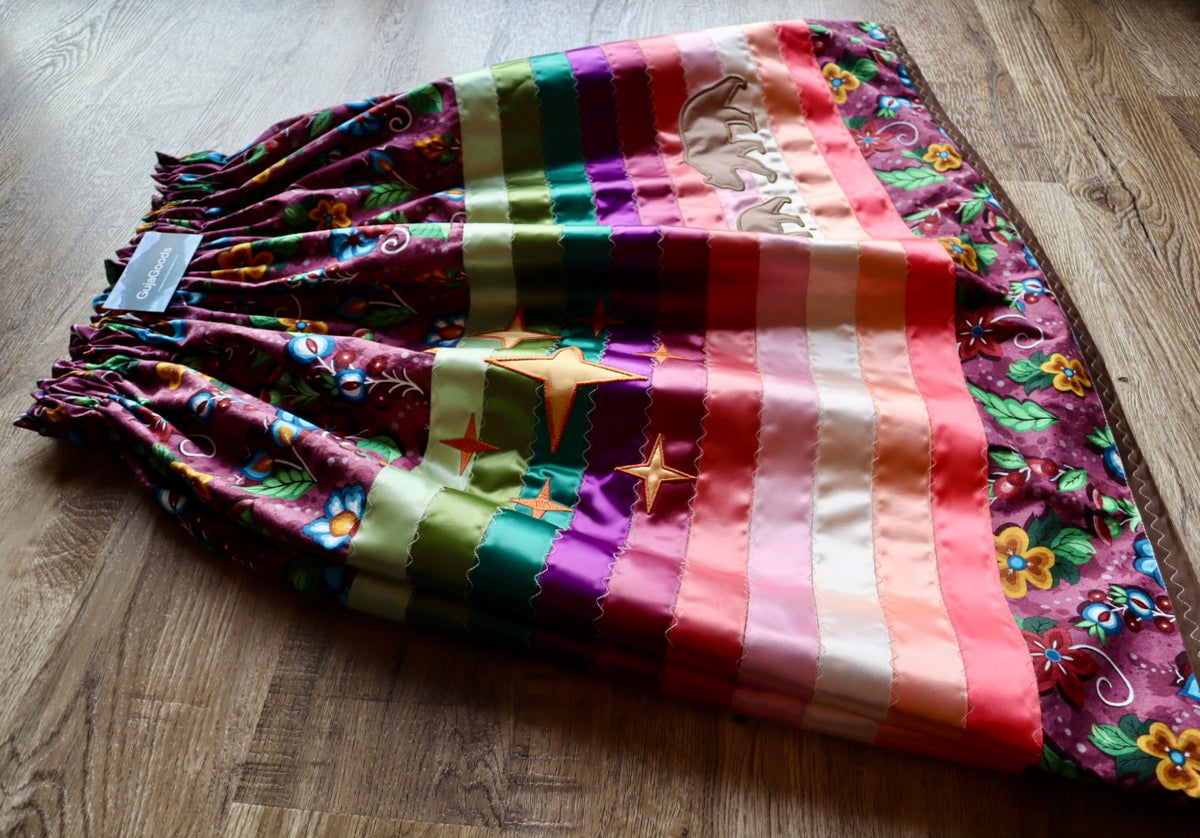 Couture Embroidered Star & Bear Stacked Ribbon Skirt Pockets Womens Dusty Rose Floral Cotton  Earth Tones Ombre OOAK Indigenous HandMade *up to 50-53 inches* (enter desired sizes waist size “inches” or Dress/Pants size in order notes)
