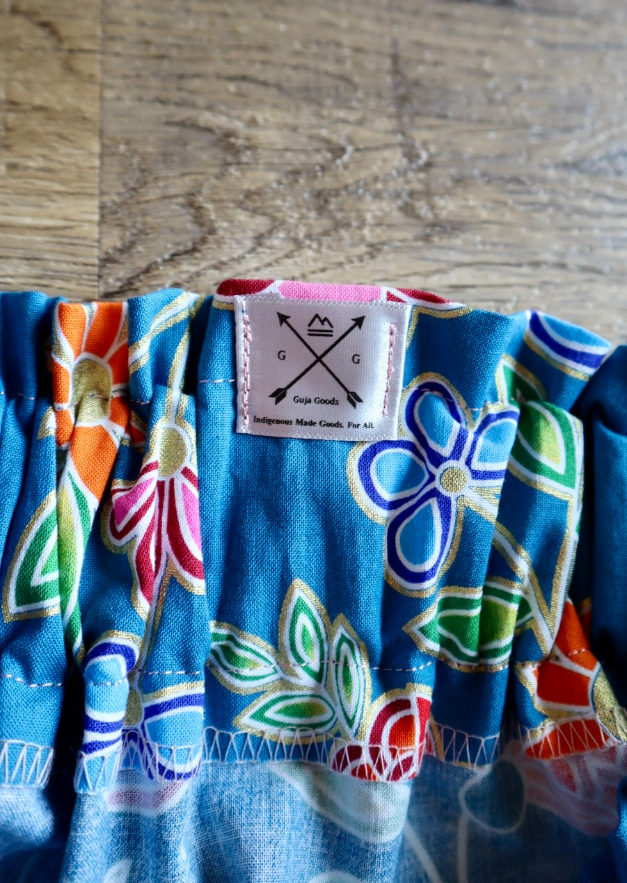 Handmade Ceremony, Casual Ribbon Skirt: Fire Tone Ombre, Blue Indigenous Floral Print, Custom Waist *up to 50 inches* (enter desired sizes waist size “inches” or Dress/Pants size in order notes)