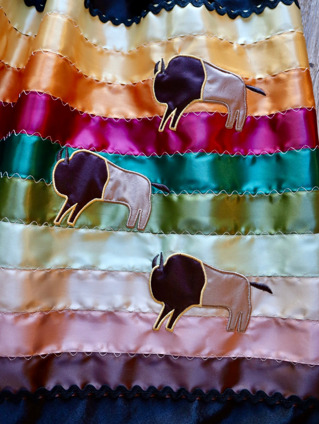 Couture Embroidered Stacked Bison Ribbon Skirt Pockets Womens Black Satin Earth Tones Ombre OOAK Indigenous HandMade *up to 50 inches* (enter desired sizes waist size “inches” or Dress/Pants size in order notes)