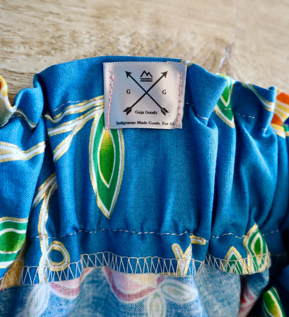 Handmade Ceremony, Casual Ribbon Skirt: Fire Tones, Blue Floral Print, Custom Waist *up to 50 inches* (enter desired sizes waist size “inches” or Dress/Pants size in order notes)