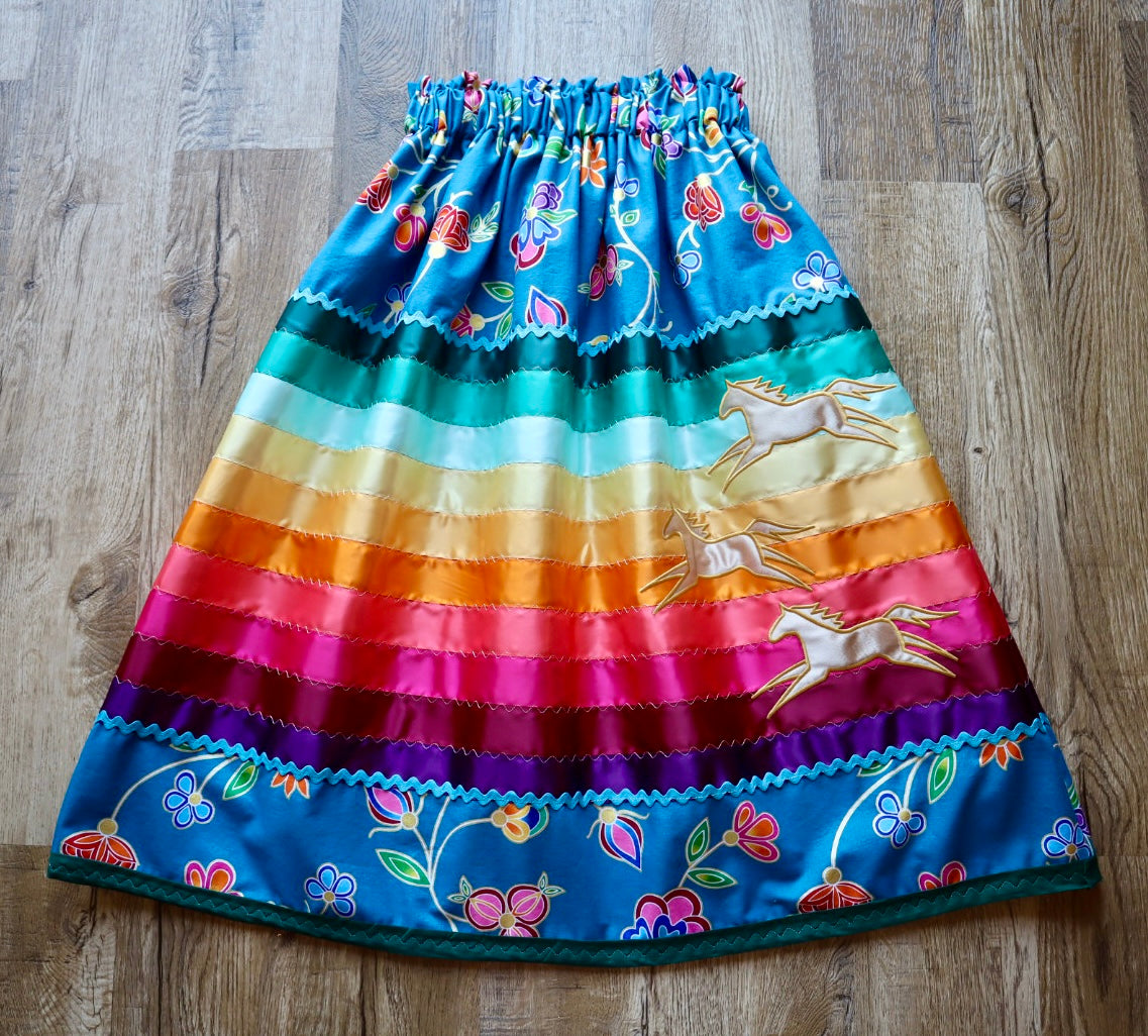 Couture Embroidered Stacked Pony Ribbon Skirt Pockets Womens Indigenous Blue Floral Cotton Fire Water Ombre OOAK Indigenous HandMade *up to 50 inches* (enter desired sizes waist size “inches” or Dress/Pants size in order notes)