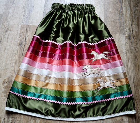 Couture Embroidered Stacked Pony Ribbon Skirt Pockets Womens Dark Olive Satin Earth Tones Ombre OOAK Indigenous HandMade *up to 50 inches* (enter desired sizes waist size “inches” or Dress/Pants size in order notes)