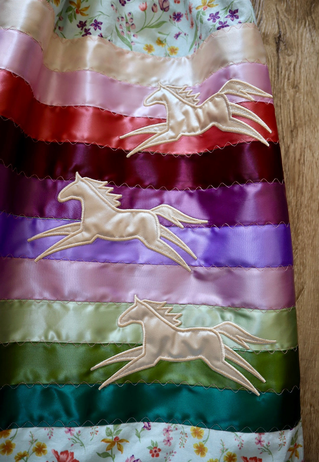 Couture Embroidered Stacked Pony Ribbon Skirt Pockets Womens Floral Cotton Jewel Tone Ombre OOAK Indigenous HandMade *up to 50 inches* (enter desired sizes waist size “inches” or Dress/Pants size in order notes)
