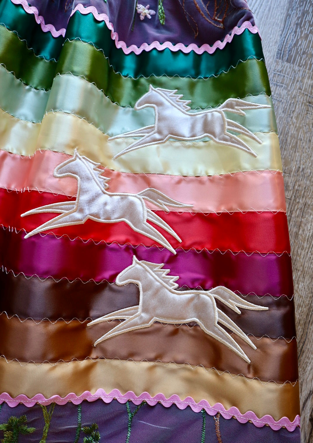 Couture Embroidered Stacked Pony Ribbon Skirt Pockets Womens Maroon Ivory Floral Lace Overlay Earth Tones Ombre OOAK Indigenous HandMade *up to 50 inches* (enter desired sizes waist size “inches” or Dress/Pants size in order notes)