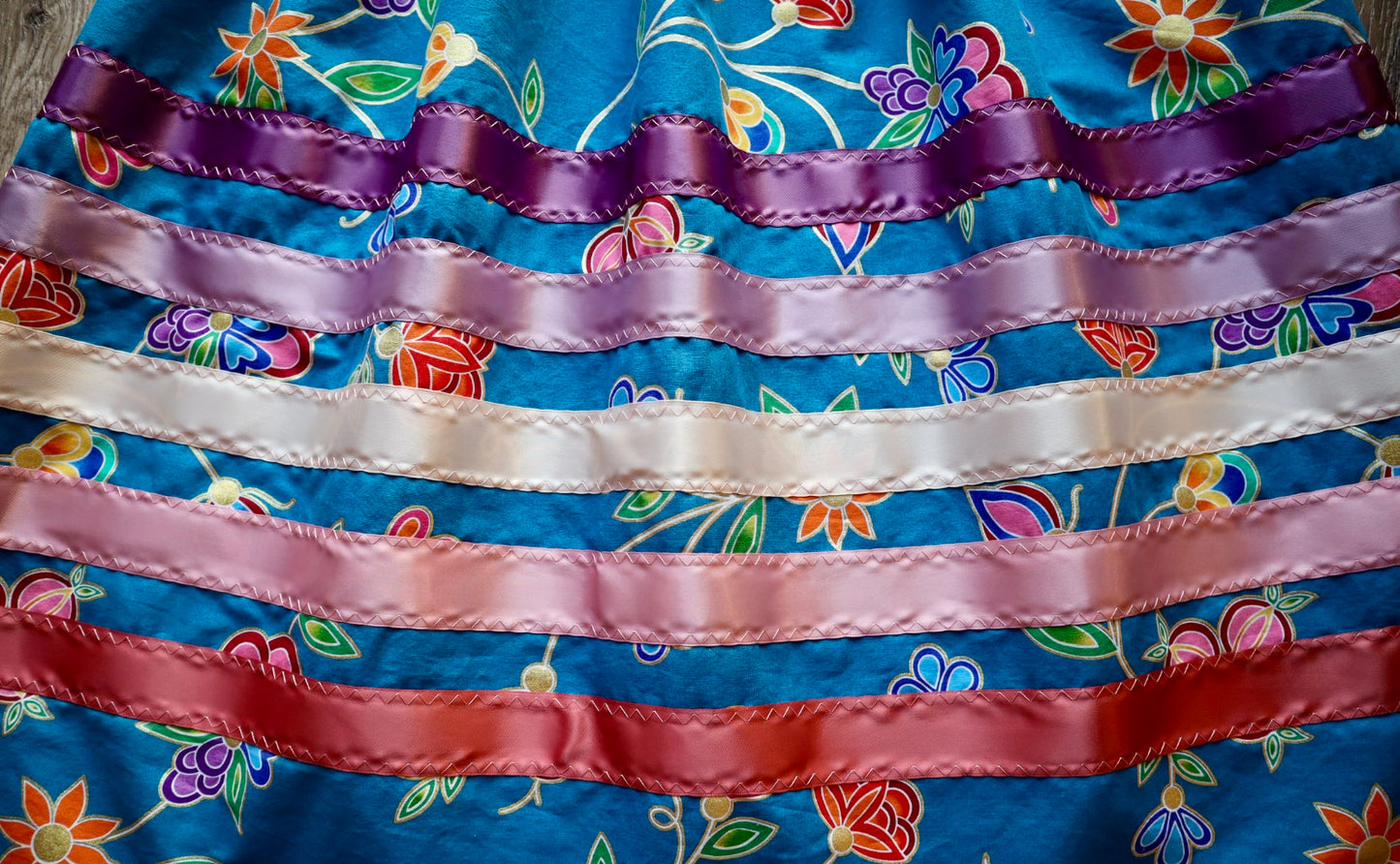 Handmade Ceremony, Casual Ribbon Skirt: Jewel Tones, Blue Floral Print, Custom Waist *up to 50 inches* (enter desired sizes waist size “inches” or Dress/Pants size in order notes)