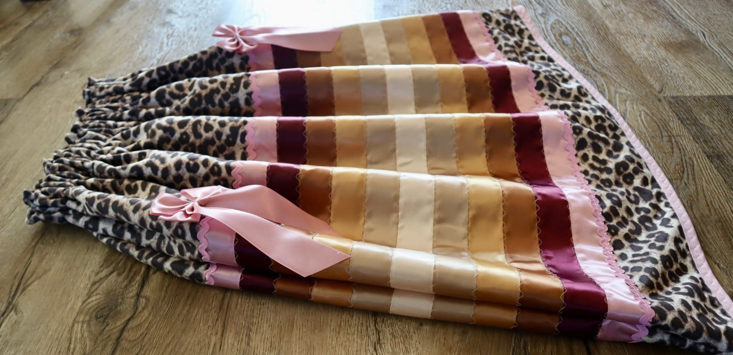 Couture Stacked Ribbon Skirt Pockets Detachable Bows Womens Cheetah Print Pink Gold Ombre RicRac Premium Cotton OOAK Indigenous HandMade *up to 50 inches* (enter desired sizes waist size “inches” or Dress/Pants size in order notes)