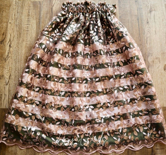 Couture Overlay Ribbon Skirt Women’s Champagne Embroidered Sequin Lace Olive Green Satin Vanilla Indigenous HandMade Clothing Custom Waist *up to 50 inches* (enter desired sizes waist size “inches” or Dress/Pants size in order notes)