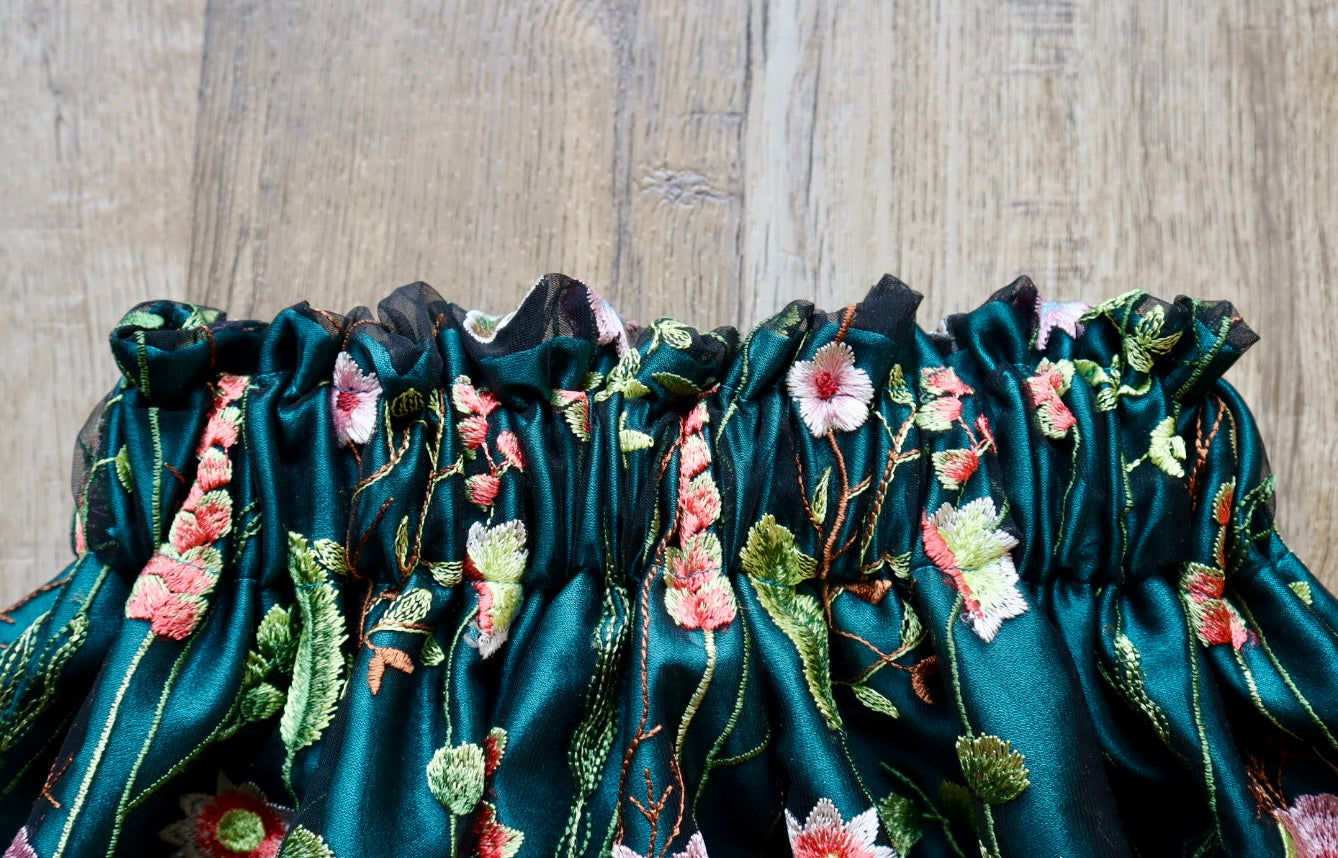 Couture Embroidered Black Floral Lace Ribbon Skirt, Handmade Turquoise Satin Overlay *up to 50 inches* (enter desired sizes waist size “inches” or Dress/Pants size in order notes)