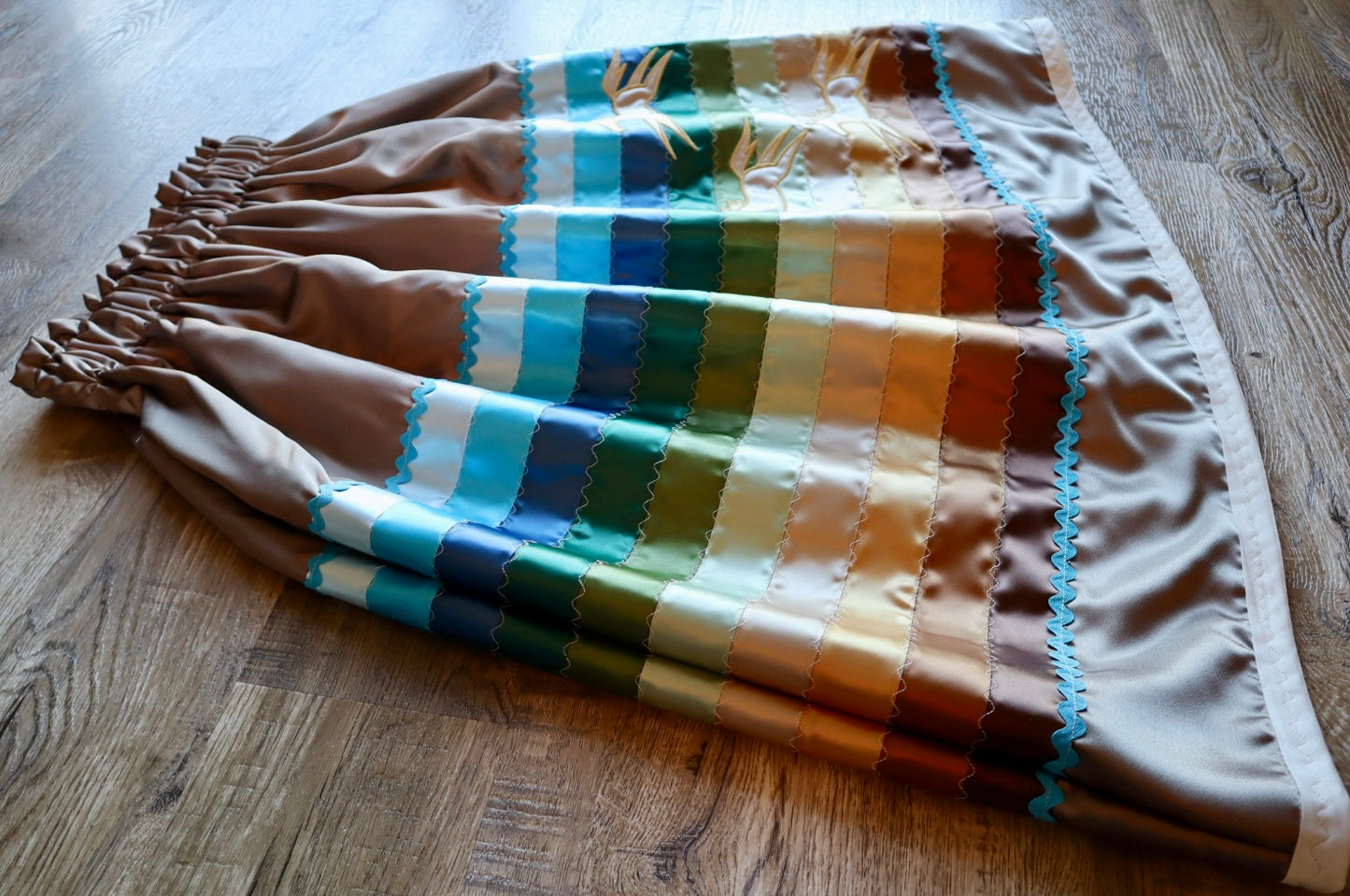 Couture Embroidered Stacked Pony Ribbon Skirt Pockets Womens Light Mocha Satin Earth Tones Ombre OOAK Indigenous HandMade *up to 50 inches* (enter desired sizes waist size “inches” or Dress/Pants size in order notes)