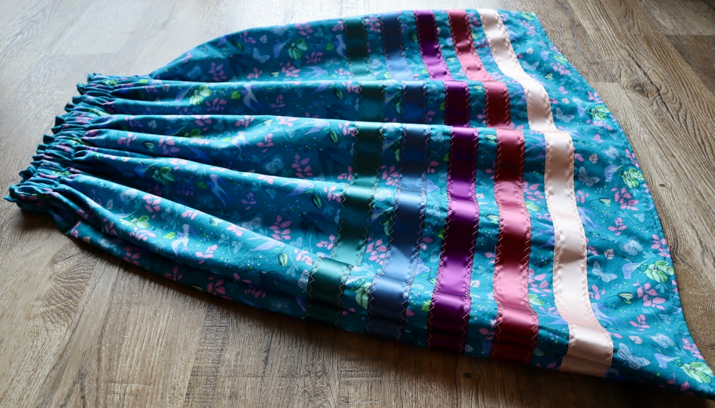 Handmade Ceremony, Casual Ribbon Skirt: Jewel Tones, Blue Floral Print, Custom Waist *up to 50 inches* (enter desired sizes waist size “inches” or Dress/Pants size in order notes)