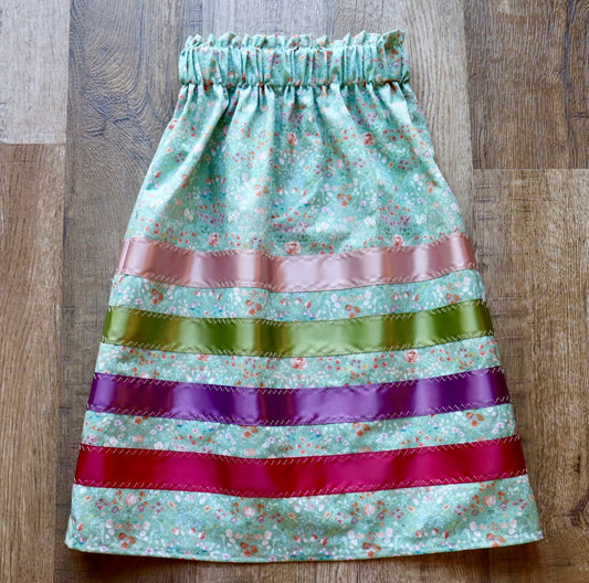 Handmade Ribbon Skirt, Child Size 6-8 Jewel Tones Sage Floral Print Premium Cotton, OOAK Indigenous Made Clothing