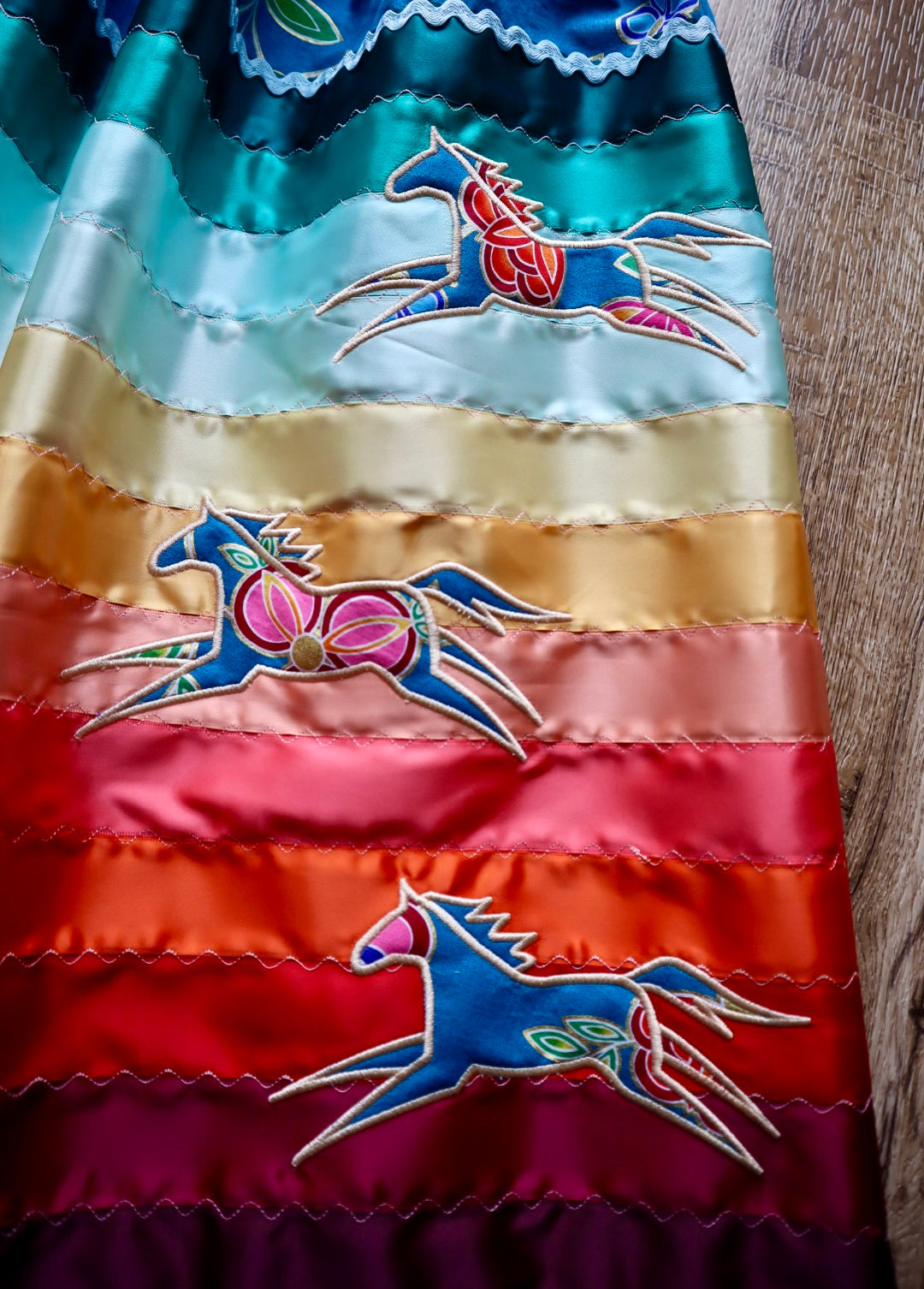 Couture Embroidered Stacked Pony Ribbon Skirt Pockets Womens Blue Indigenous Floral Cotton Fire Water Ombre OOAK Indigenous HandMade *up to 50 inches* (enter desired sizes waist size “inches” or Dress/Pants size in order notes)