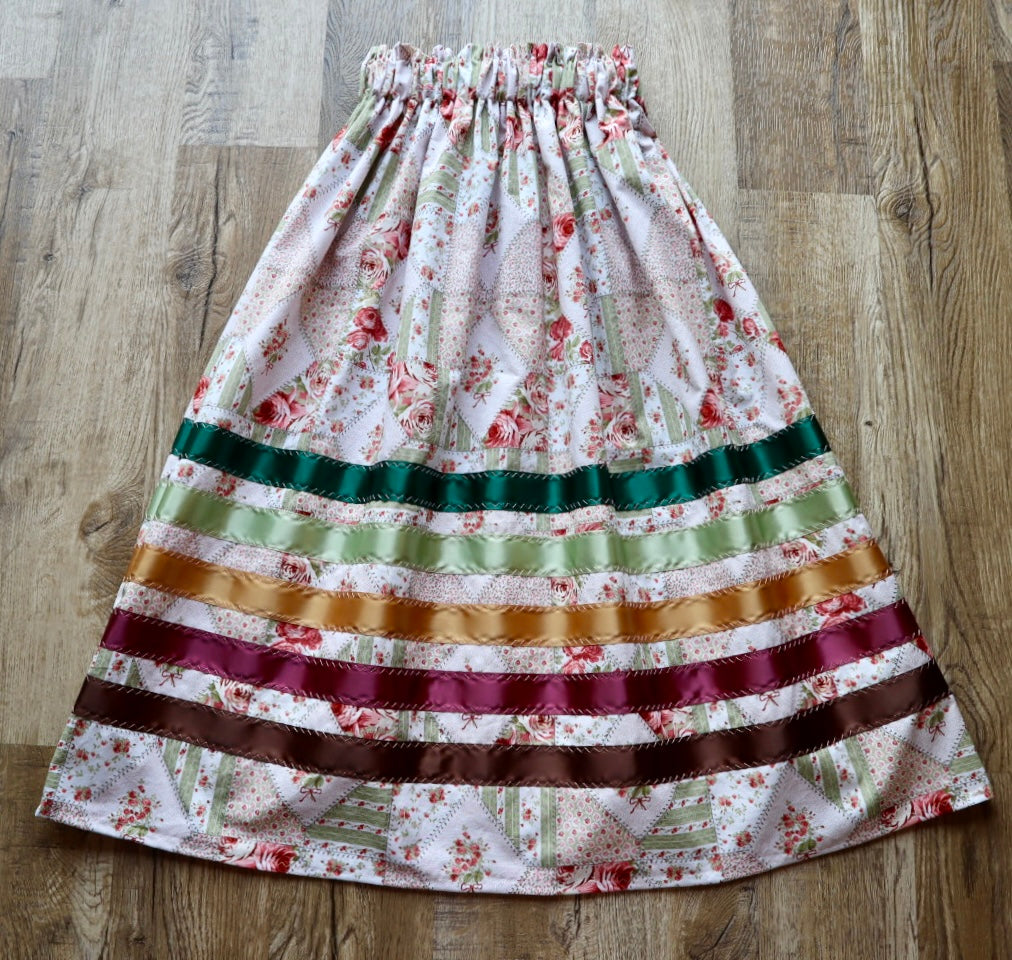 Handmade Ceremony, Casual Ribbon Skirt: Earth Tone Ombre, Quilt Floral Print, Custom Waist *up to 50 inches* (enter desired sizes waist size “inches” or Dress/Pants size in order notes)