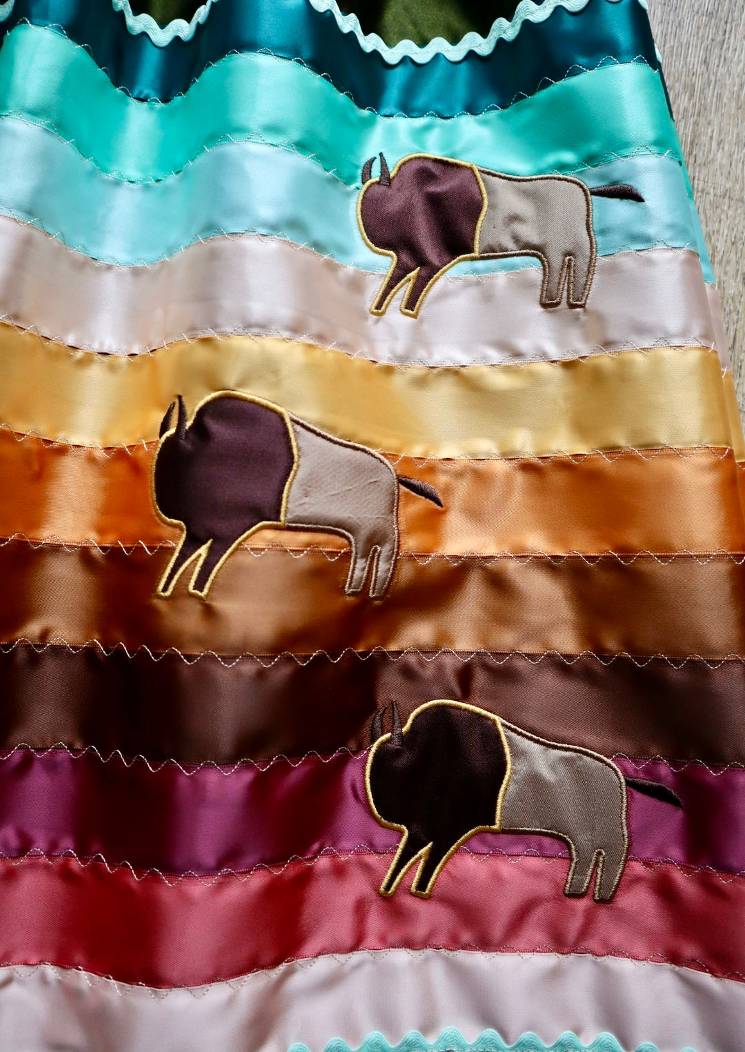 Couture Embroidered Stacked Bison Ribbon Skirt Pockets Womens Dark Moss Green Satin Earth Tones Ombre OOAK Indigenous HandMade *up to 50 inches* (enter desired sizes waist size “inches” or Dress/Pants size in order notes)