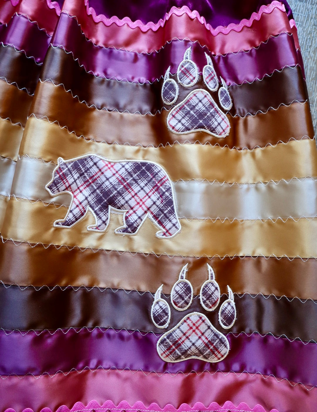 Couture Embroidered Stacked Bear & Bearpaw Ribbon Skirt Pockets Womens Maroon Satin Gold Ombre OOAK Indigenous HandMade *up to 50 inches* (enter desired sizes waist size “inches” or Dress/Pants size in order notes)