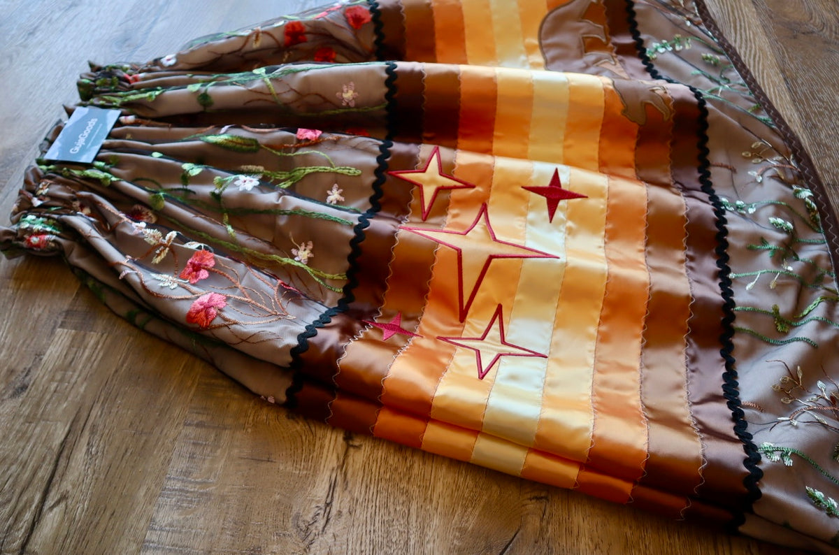 Couture Embroidered Stacked Stars, Mama Bear and Cub Ribbon Skirt Pockets Womens Black Lace Brown to Gold Ombre OOAK Indigenous HandMade *up to 50 inches* (enter desired sizes waist size “inches” or Dress/Pants size in order notes)