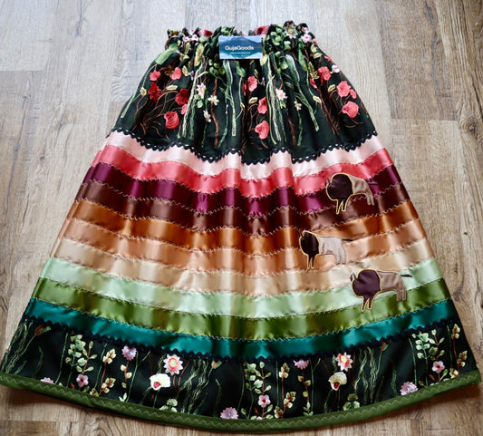 Couture Embroidered Stacked Bison Ribbon Skirt Pockets Womens Black Lace Earthy Ombre OOAK Indigenous HandMade *up to 50 inches* (enter desired sizes waist size “inches” or Dress/Pants size in order notes)