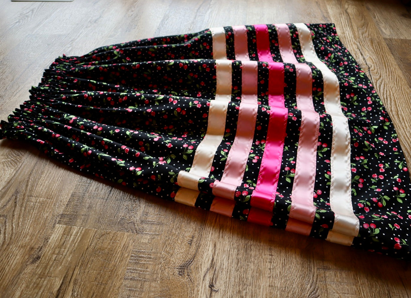 Handmade Ceremony, Casual Ribbon Skirt: Ivory to Pink Ombre, Black Cherry Print, Custom Waist *up to 50 inches* (enter desired sizes waist size “inches” or Dress/Pants size in order notes)